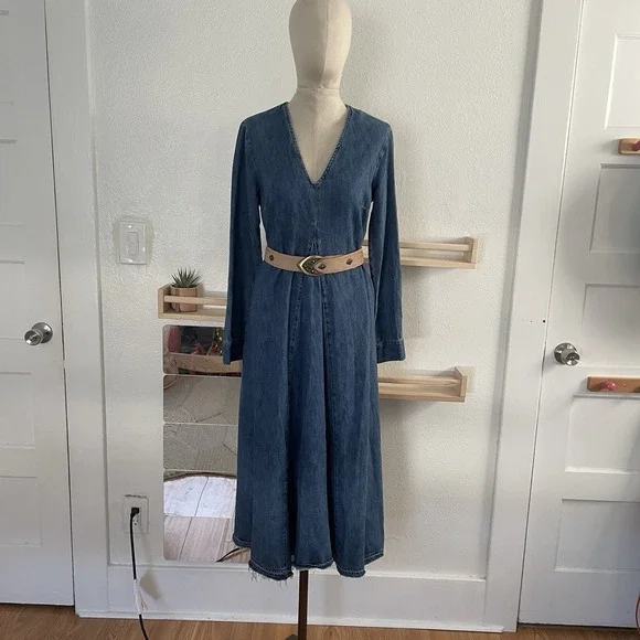 ZARA The Tilda Denim Blue Cotton Maxi Dress Raw Hem Long Sleeves Medium - Picture 6 of 8